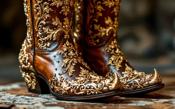 A close-up of ornate cowboy boots with intricate gold detailing, presented in sharp 4K Ultra HD as a PC desktop wallpaper and background.
