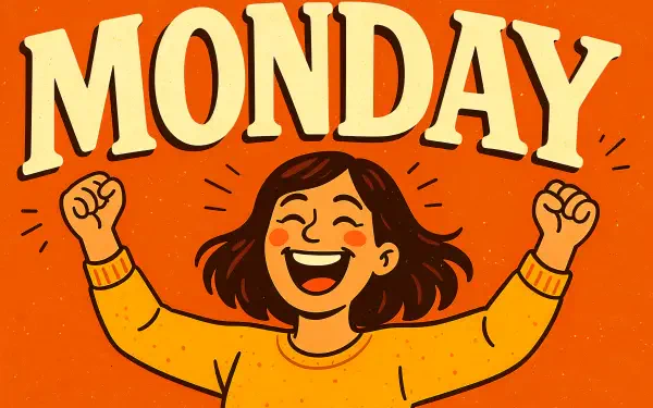 A joyful woman with raised fists celebrates Monday, set against a vibrant orange background in a 4K Ultra HD PC desktop wallpaper and background.