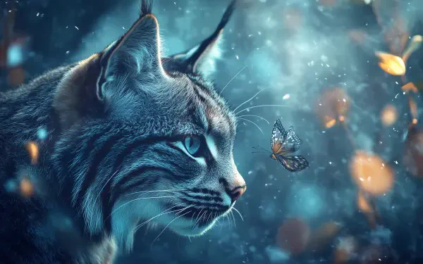 HD desktop wallpaper featuring a close-up portrait of a lynx with a butterfly near its face, set against a glowing, dreamy background.