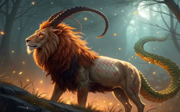 4K Ultra HD PC desktop wallpaper of a majestic chimera with a lion's body, goat horns, and a serpent tail, set against an enchanted forest backdrop.