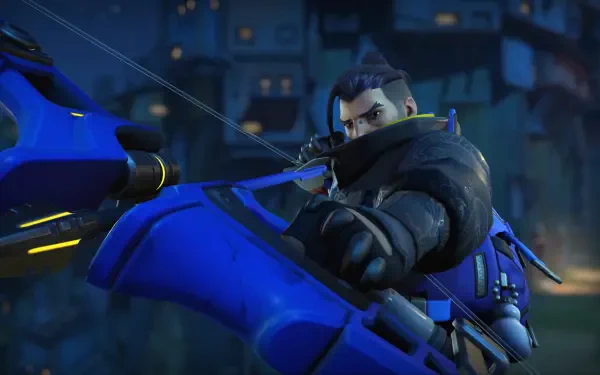 4K Ultra HD PC wallpaper featuring Hanzo from the video game Overwatch aiming his bow in a dark, urban environment.
