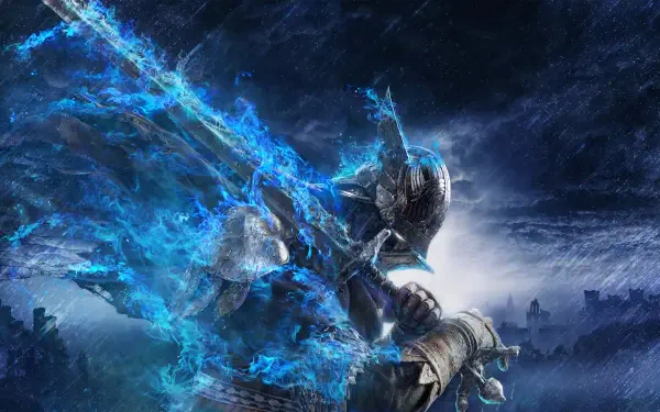 A 4K Ultra HD PC wallpaper featuring Nightreign from Elden Ring, engulfed in a glowing blue aura, set against a dark, stormy night sky.