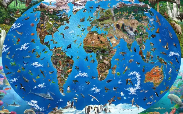 HD desktop wallpaper featuring a detailed world map filled with diverse animals and natural landscapes, blending geography with wildlife in a vibrant nature-themed design.