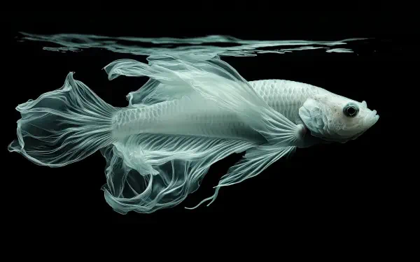 HD desktop wallpaper of a translucent Siamese fighting fish swimming against a black background, highlighting its delicate fins and intricate anatomy.