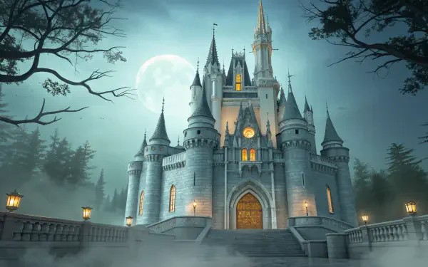 Cinderella Castle illuminated under a full moon in a detailed 4K Ultra HD PC desktop wallpaper with a mystical nighttime forest backdrop.