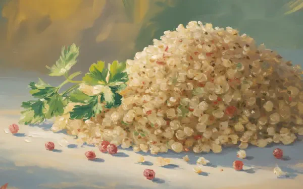 A detailed 4K Ultra HD desktop wallpaper of a heap of cooked quinoa garnished with fresh parsley, rendered with soft, natural lighting and muted background tones.