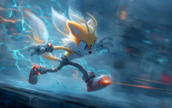 HD PC desktop wallpaper featuring electrifying Miles 'Tails' Prower from a video game, dynamically running with glowing tails and electric sparks surrounding him.
