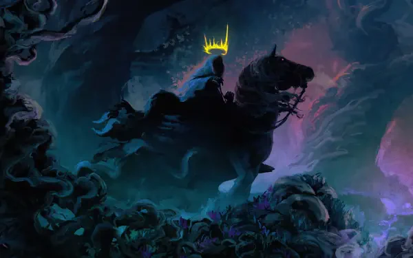 4K Ultra HD desktop wallpaper featuring a dark, fantasy scene from The Lord of the Rings with a menacing Nazgûl riding a horse through a shadowy landscape.