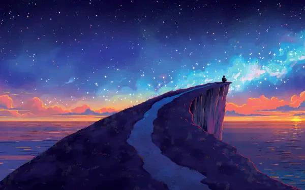 A vibrant artistic 4K Ultra HD wallpaper depicting a lone figure standing on a cliff overlooking a colorful ocean under a starry twilight sky.