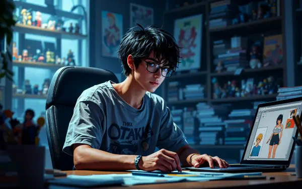 A focused otaku working on digital art at a PC desk, surrounded by anime collectibles and manga, captured in 4K Ultra HD for a vibrant desktop wallpaper.