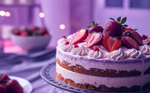 A 4K Ultra HD desktop wallpaper showing a strawberry cake topped with fresh strawberries and cream, set against a softly lit, purple-hued background.