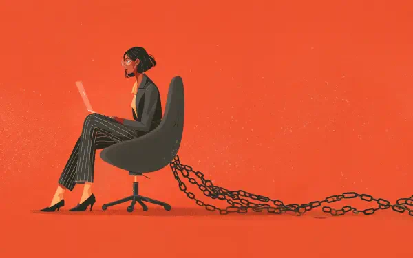 A woman in business attire works on a laptop, seated in an office chair with heavy chains attached, symbolizing the constraints of a 9 to 5 job.