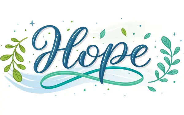 A 4K Ultra HD PC desktop wallpaper featuring the word Hope in elegant blue script, surrounded by green leaves and decorative flourishes.
