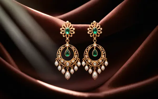 A pair of ornate gold earrings with green gemstones and dangling pearls, displayed on a silky brown fabric, captured in 4K Ultra HD for PC desktop wallpaper.