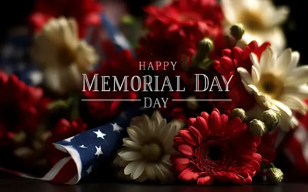 HD desktop wallpaper featuring red and white flowers with a folded American flag, commemorating the USA Memorial Day holiday.