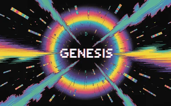 4K Ultra HD PC desktop wallpaper depicting a colorful, pixelated Big Bang explosion with GENESIS text at the center, radiating vibrant rainbow rings and dynamic streaks.