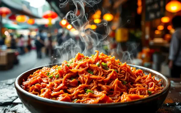 Steaming hot kimchi served in a bowl with vibrant street market lights blurred in the background, captured in 4K Ultra HD detail for a PC desktop wallpaper.