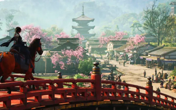 4K Ultra HD Assassin's Creed Shadows wallpaper depicting a rider on horseback crossing a red bridge towards a traditional Japanese village with cherry blossoms.