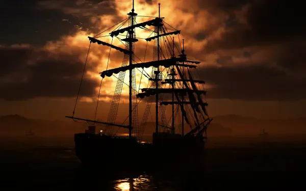 4K Ultra HD PC wallpaper featuring a silhouette of a sailing ship against a fiery sunset, inspired by Assassin's Creed Shadows with dramatic shadow and light contrasts.