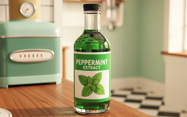 4K Ultra HD desktop wallpaper featuring a clear glass bottle of peppermint extract on a wooden kitchen counter with a retro appliance and soft green tones in the background.
