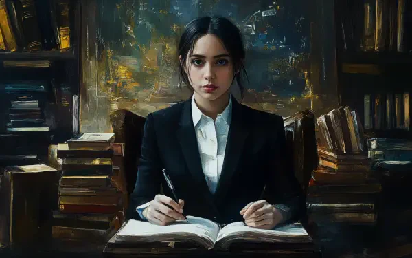 Professional woman secretary in a dark suit writing in an open book, surrounded by stacks of books in a dimly lit study, captured in 4K Ultra HD desktop wallpaper quality.