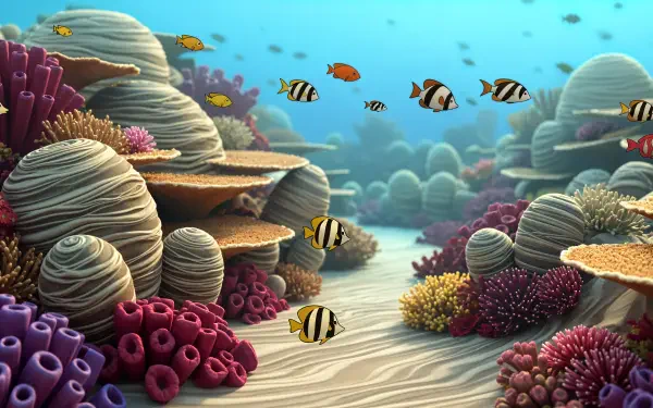 Vibrant reef scene with colorful coral formations and tropical fish in crystal-clear water, rendered in stunning 4K Ultra HD for a PC desktop wallpaper.