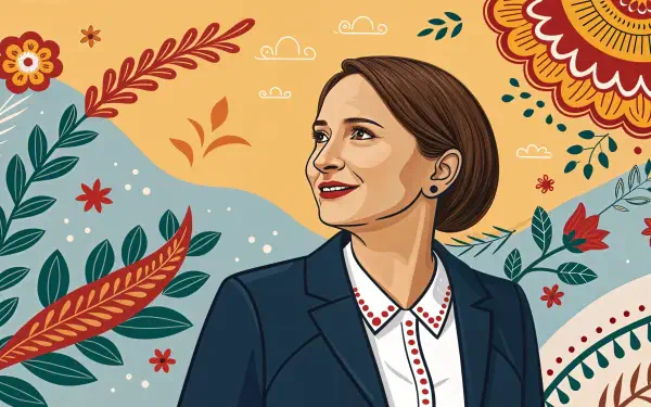 Illustration of a confident businesswoman in a suit against a vibrant, decorative background, designed as a 4K Ultra HD PC desktop wallpaper.