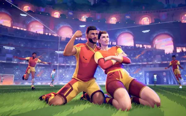 HD PC desktop wallpaper featuring vibrant video game characters in a stadium, celebrating a victorious rematch with dynamic lighting and energetic poses.