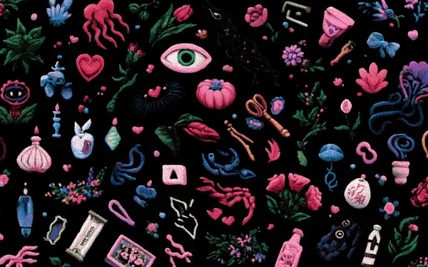 A whimsical dark aesthetic Y2K pattern design featuring surreal elements like eyes, hearts, flowers, and quirky objects on a black HD desktop wallpaper background.