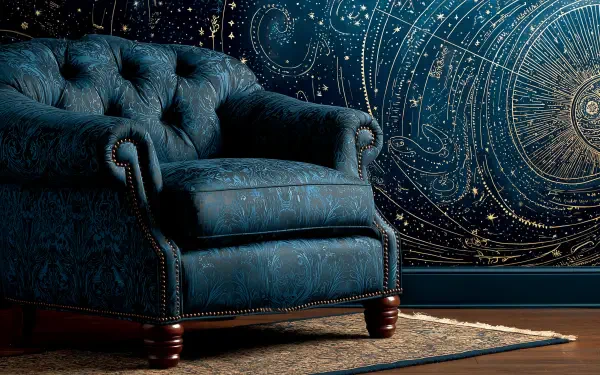 Whimsical blue sofa set against a dark, starry celestial wall, showcasing unique indoor decor in an HD PC desktop wallpaper and background.