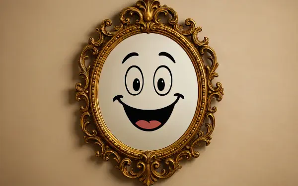 4K Ultra HD desktop wallpaper featuring an ornate gold-framed mirror reflecting a cheerful, cartoonish smiling face on a beige wall background.
