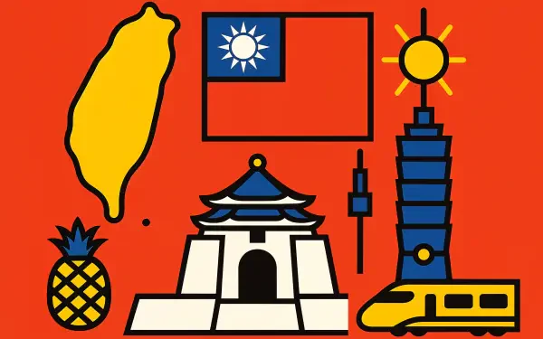 4K Ultra HD desktop wallpaper featuring iconic Taiwan symbols: a map, flag, pineapple, traditional temple, Taipei 101, a sun, and a modern train on a vibrant orange background.