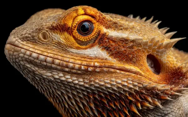 Close-up 4K Ultra HD image of a bearded dragon reptile showcasing detailed scales and textures against a black background.