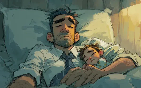 Tired dad in a shirt and tie sleeps peacefully in bed, holding hands with his young child, captured in a 4K Ultra HD digital wallpaper.