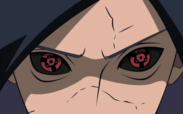 Close-up HD anime wallpaper of Madara Uchiha's intense eyes, showcasing his Mangekyō Sharingan from Naruto.
