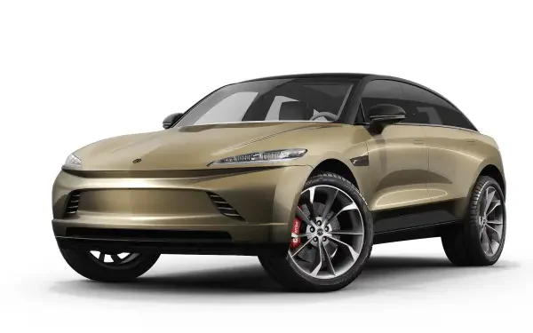 HD desktop wallpaper showcasing the Mullen FIVE RS electric SUV with a sleek, modern design in a metallic gold finish.