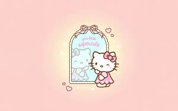 4K Ultra HD anime-style Hello Kitty wallpaper featuring a cute Hello Kitty character beside a sparkling mirror with soft pastel and kawaii elements.