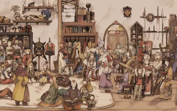 HD PC desktop wallpaper showcasing a detailed medieval scene from the video game Final Fantasy Tactics with characters and weapons in a bustling room.