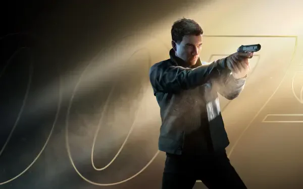 4K Ultra HD PC desktop wallpaper featuring a tense scene from the video game 007 First Light, showing a man aiming a handgun with dramatic lighting.