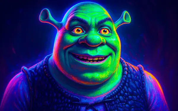 Vibrant 4K Ultra HD desktop wallpaper featuring a colorful, glowing portrait of Shrek, the iconic animated character, with neon lighting effects.