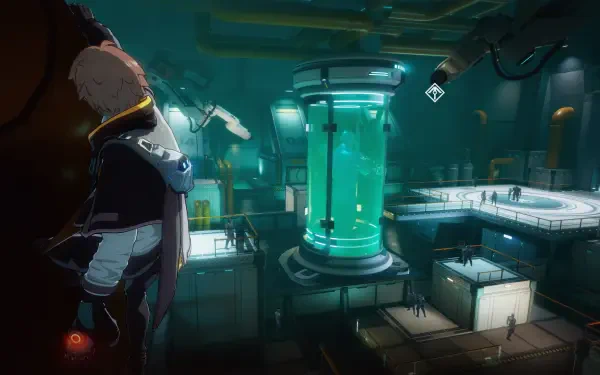 HD PC desktop wallpaper from the video game Etheria: Restart, showcasing a futuristic lab with glowing tanks and a cloaked character observing the scene.