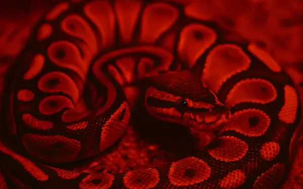 A close-up 4K Ultra HD PC desktop wallpaper of a ball python coiled with vivid red and black patterns.