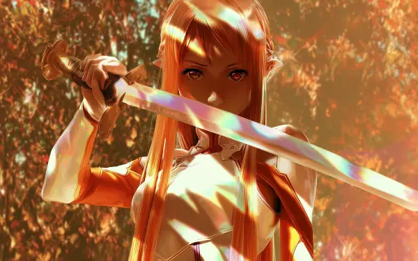 HD anime desktop wallpaper featuring Asuna Yuuki from Sword Art Online, highlighted in warm orange tones with her sword drawn in a forest setting.