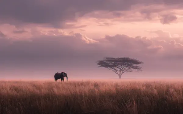 A serene savanna landscape at dusk with an elephant near a lone acacia tree, captured in stunning 4K Ultra HD for a PC desktop wallpaper background.