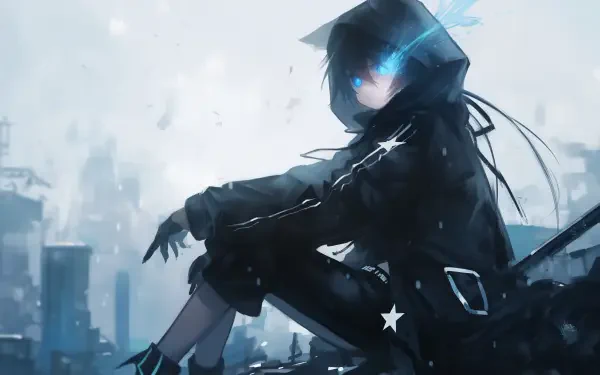 Anime-style Black Rock Shooter character with glowing blue eye, dressed in black, set against a misty, bluish urban background in HD desktop wallpaper quality.