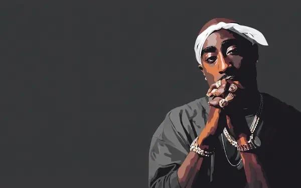 HD PC desktop wallpaper showing a stylized portrait of rapper 2Pac with hands clasped, set against a dark background.