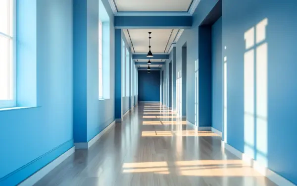 Bright, minimalist hall with blue walls and large windows casting sunlight on the polished floor. 4K Ultra HD PC desktop wallpaper showcasing clean architectural lines.