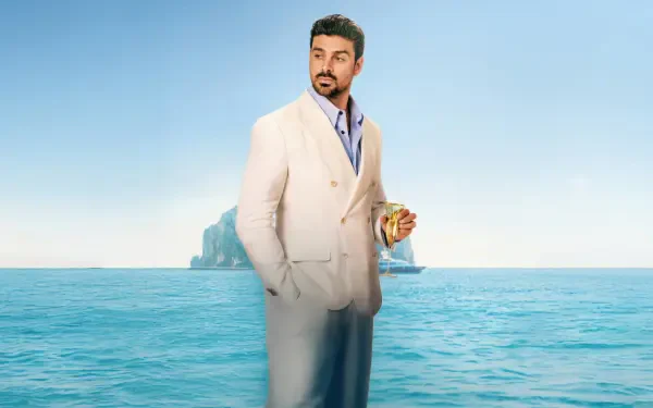 Michele Morrone in a white suit holding a drink, standing against a clear blue ocean backdrop from the movie Another Simple Favor, 4K Ultra HD PC wallpaper.