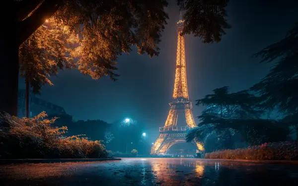 Eiffel Tower illuminated at night, surrounded by trees and reflected on wet pavement in a stunning 4K Ultra HD PC desktop wallpaper background.
