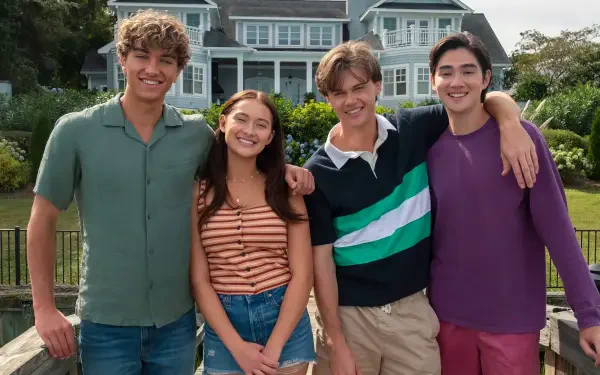 HD PC desktop wallpaper of four smiling young adults from the TV show The Summer I Turned Pretty, standing together outdoors in front of a large house.
